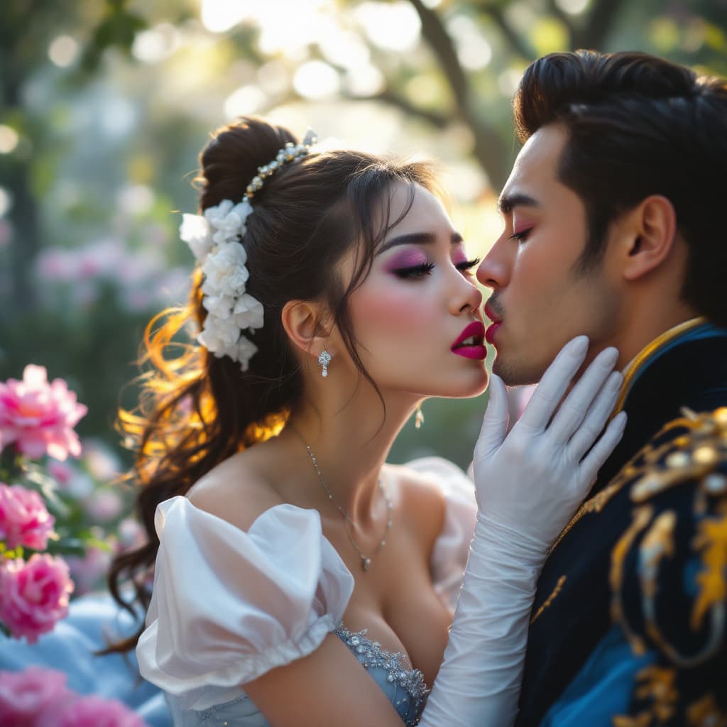 AI generated: a beautiful disgusted asian Cinderella being kissed by a prince as she struggles and pulls away in a...