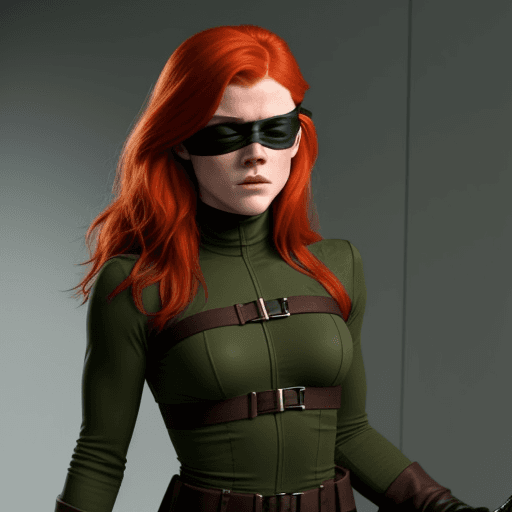 AI generated: Rose Leslie wearing a blindfold, dressed as Kim Possible