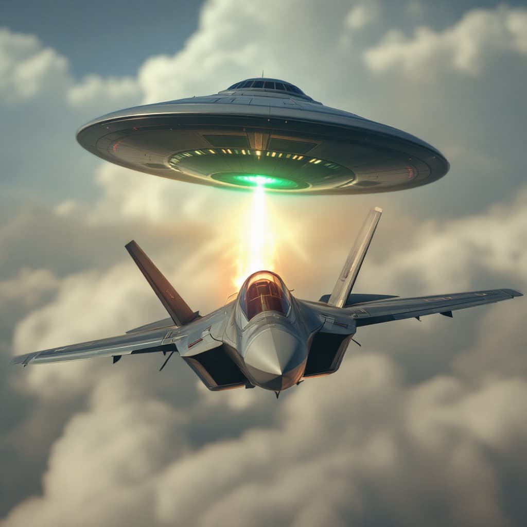 AI generated: F-22 jet fighter, dog fight with UFO.