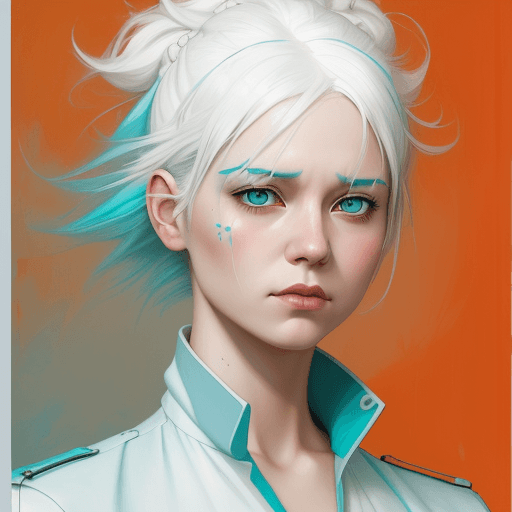 AI generated: an image of a girl with white hair, in the style of ross tran, light teal and dark orange, guido van...