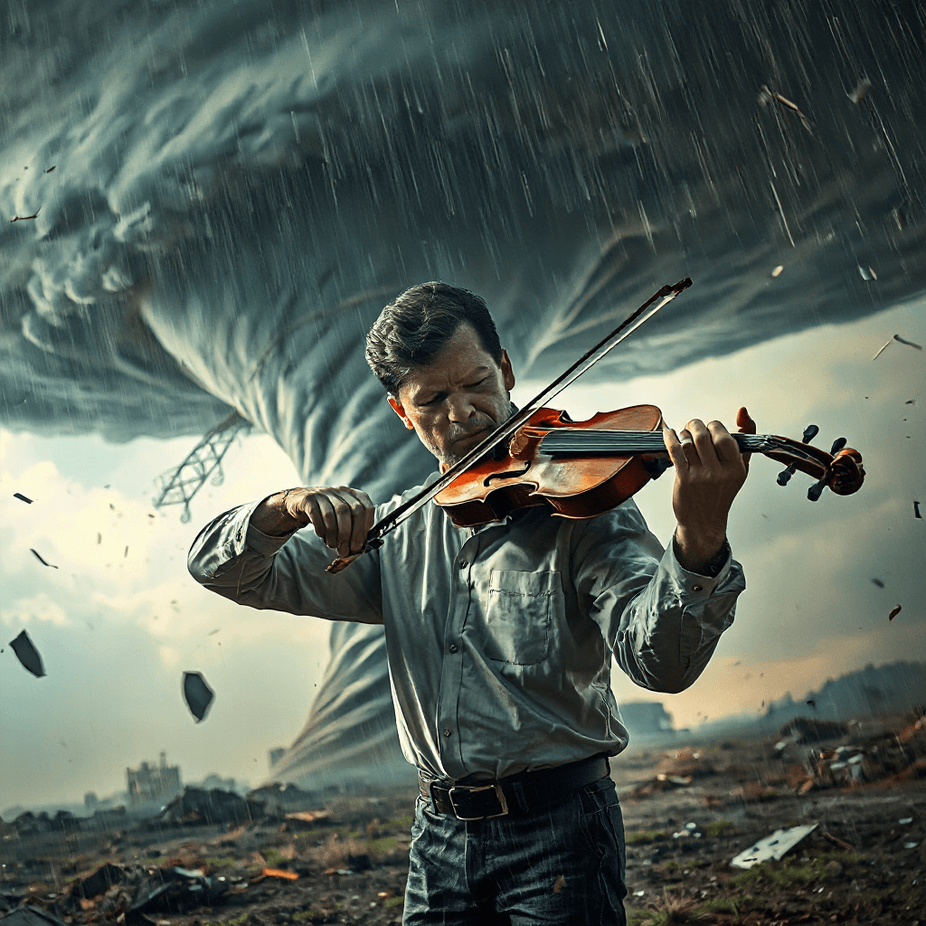 AI generated: A man playing the violin as a tornado slowly approaches in the background, devastation, debris, extr...