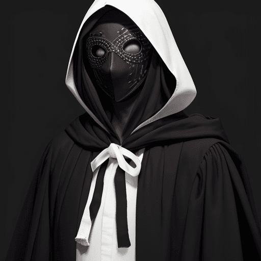 AI generated: high resolution, male, white old cracked mask with only eye-holes, black robes and hood, gloves, no ...