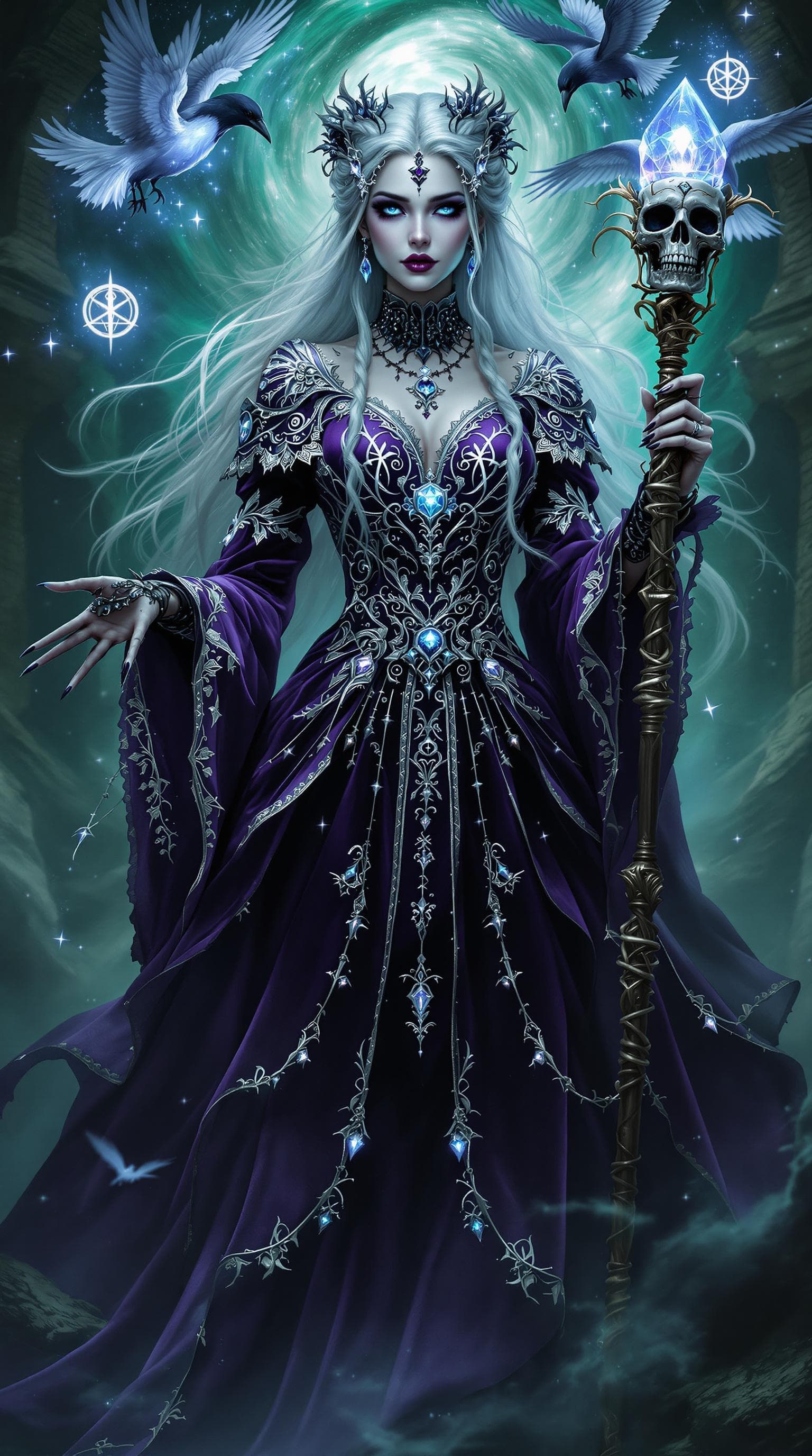 AI generated: An ultra-realistic, full-body static depiction of an arcane sorceress woman, exuding an aura of prof...