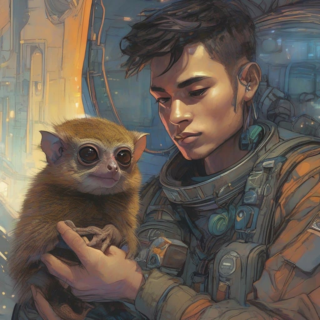 AI generated: An illustration of a young spaceman, caressing his pet ((a fantastic otherworldly hybrid tarsier-mee...