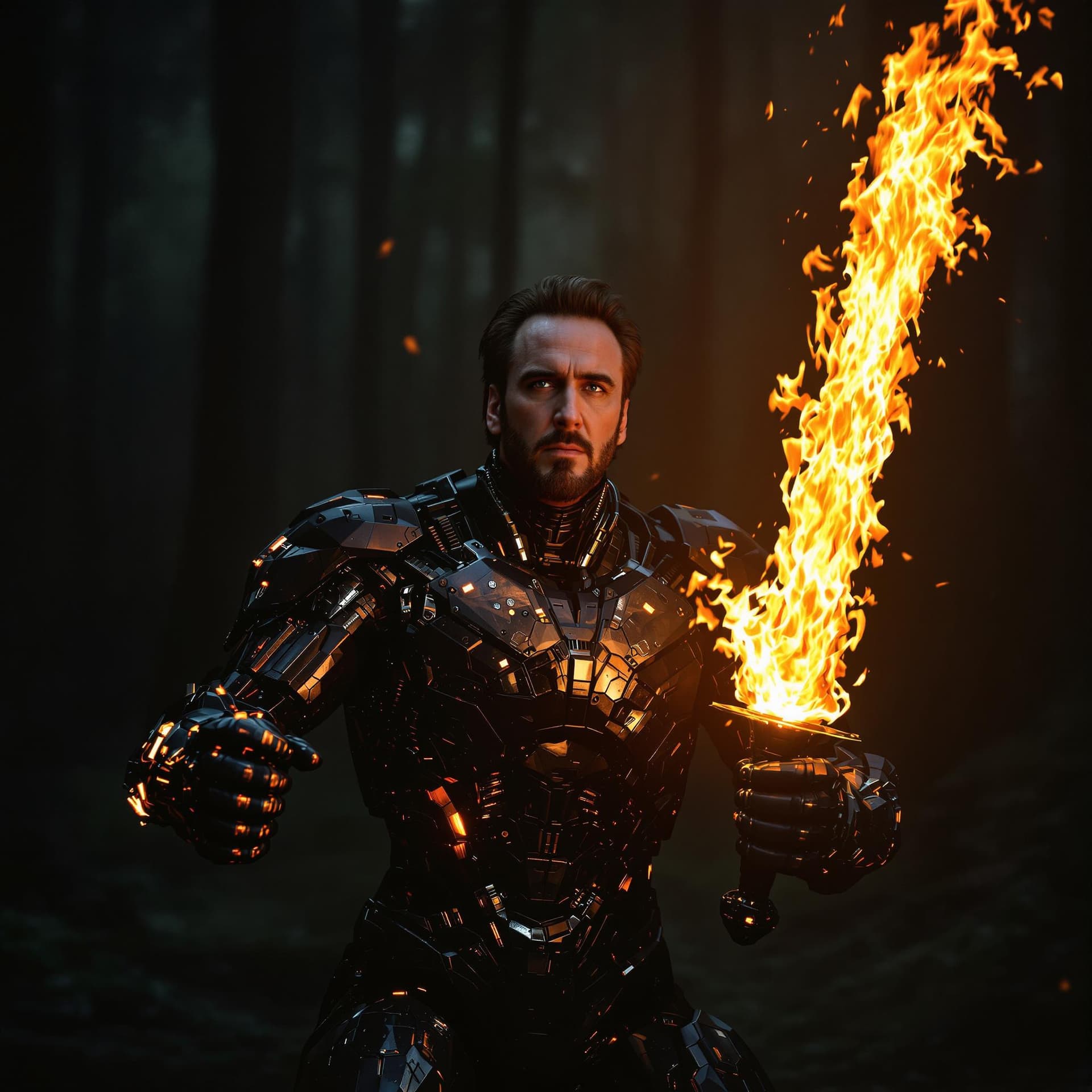 AI generated: The real photo is of a American powerful man Nicolas Cage, with a futuristic cybernetic robot body, ...