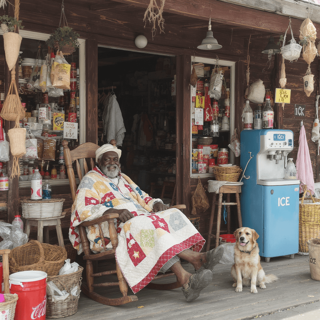 AI generated: A vintage roadside store, an African American old man sitting rocking chair with a quilt, ice machin...