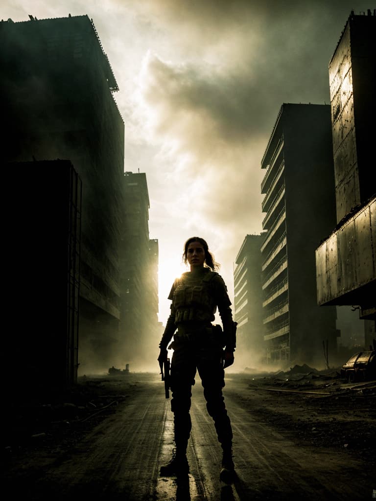 AI generated: Photo of a female soldier in post-apocalyptic setting, dystopian era, cinematic shot, dramatic light...