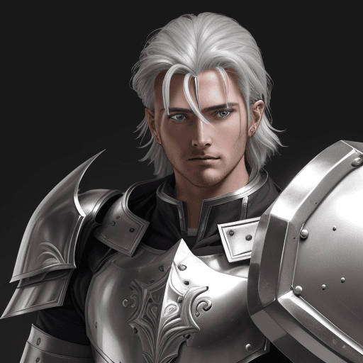 AI generated: paladin human man with silver hears grey big eyes and with a shield on his back, 29 years old, no br...