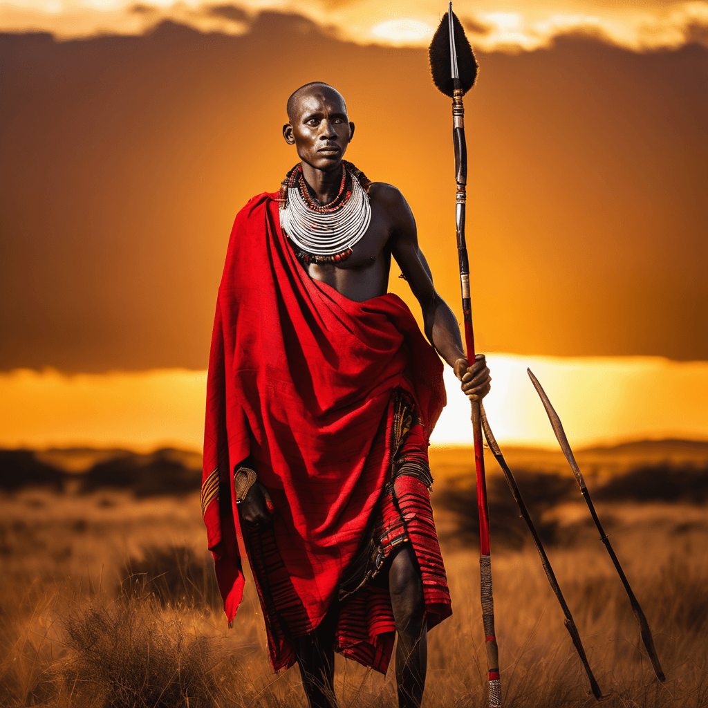 AI generated: A proud 30-year-old Maasai warrior, draped in traditional red attire and carrying a spear, embodies ...