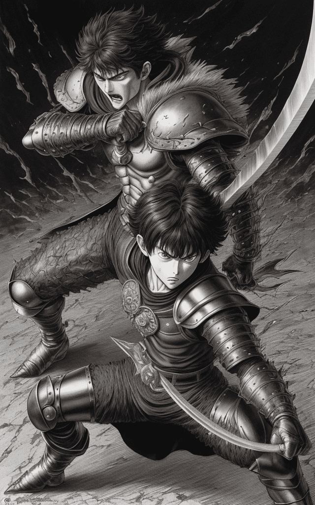 AI generated: monochrome, a man with big eyes, brown hair with tuft, in golden armor, manga, ((without helmet)), b...