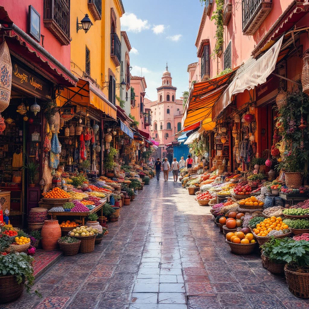 AI generated: Bustling Moroccan market with vibrant stall, rich colors, 4k resolution, detailed patterns, traditio...