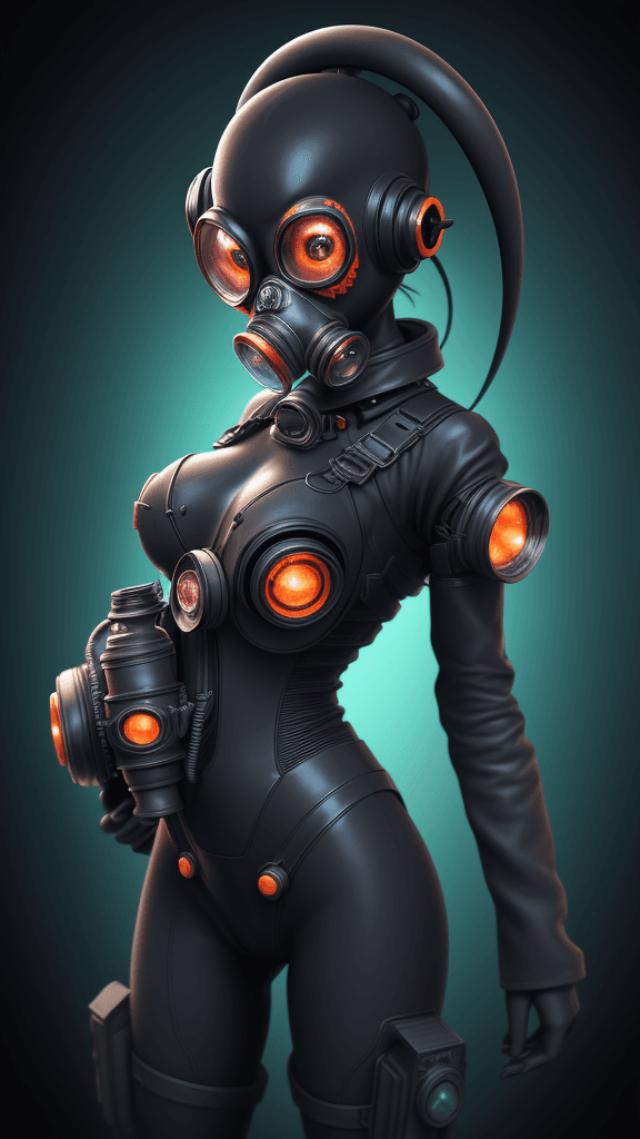 AI generated: in a complex background portrait of little alien woman. Wearing a gas mask. Prominent eyes, complex ...