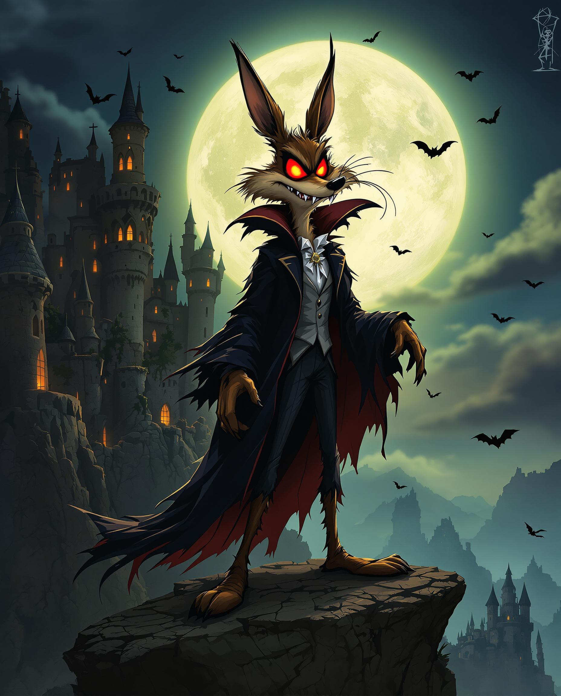 AI generated: Wile E. Coyote reimagined as a gothic vampire in a moonlit Transylvanian landscape. He wears a tatte...