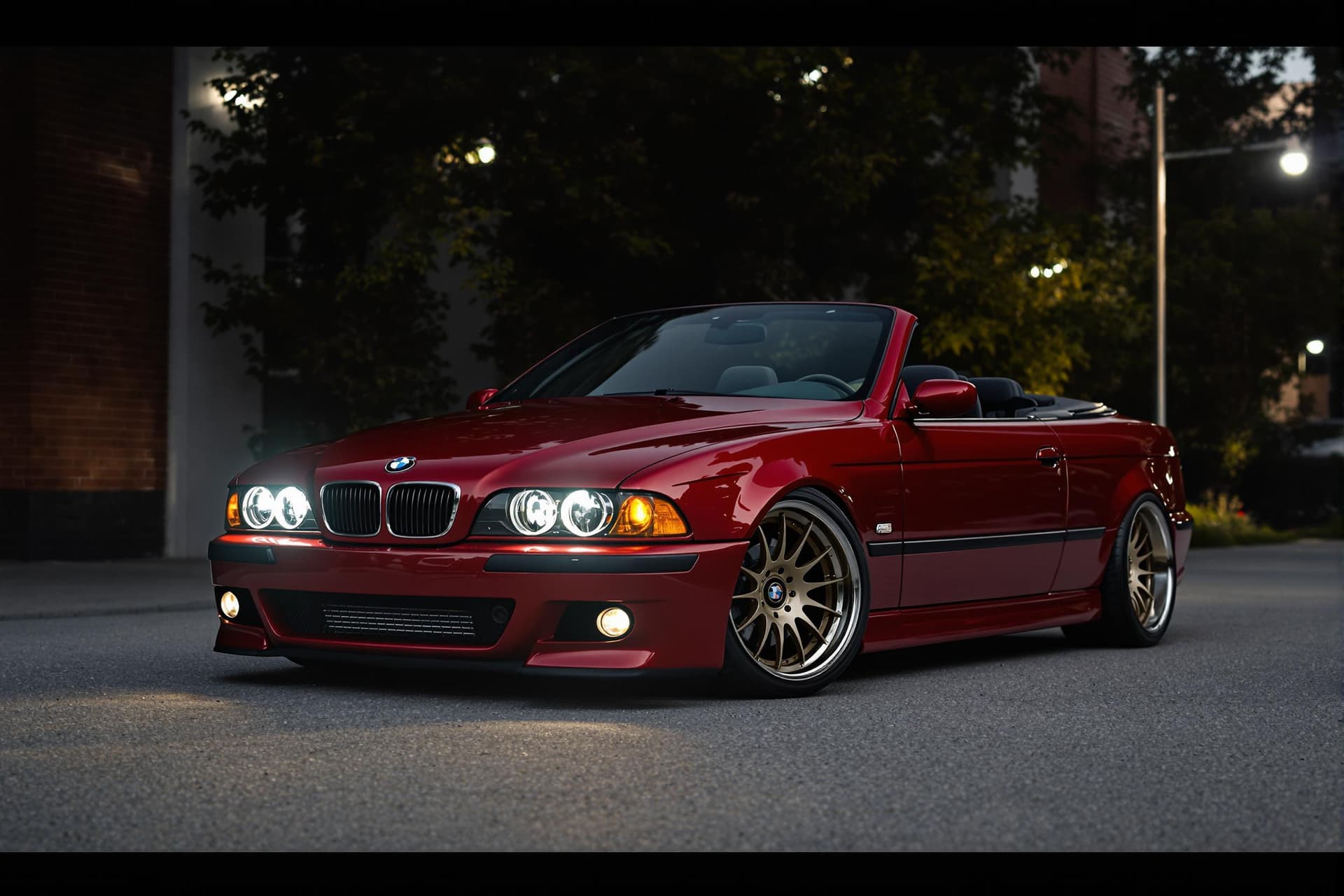 AI generated: dark red bmw e39 M5 convertible with BBS LM wheels, lit angel eyes, cinematic, hyper realism, high d...