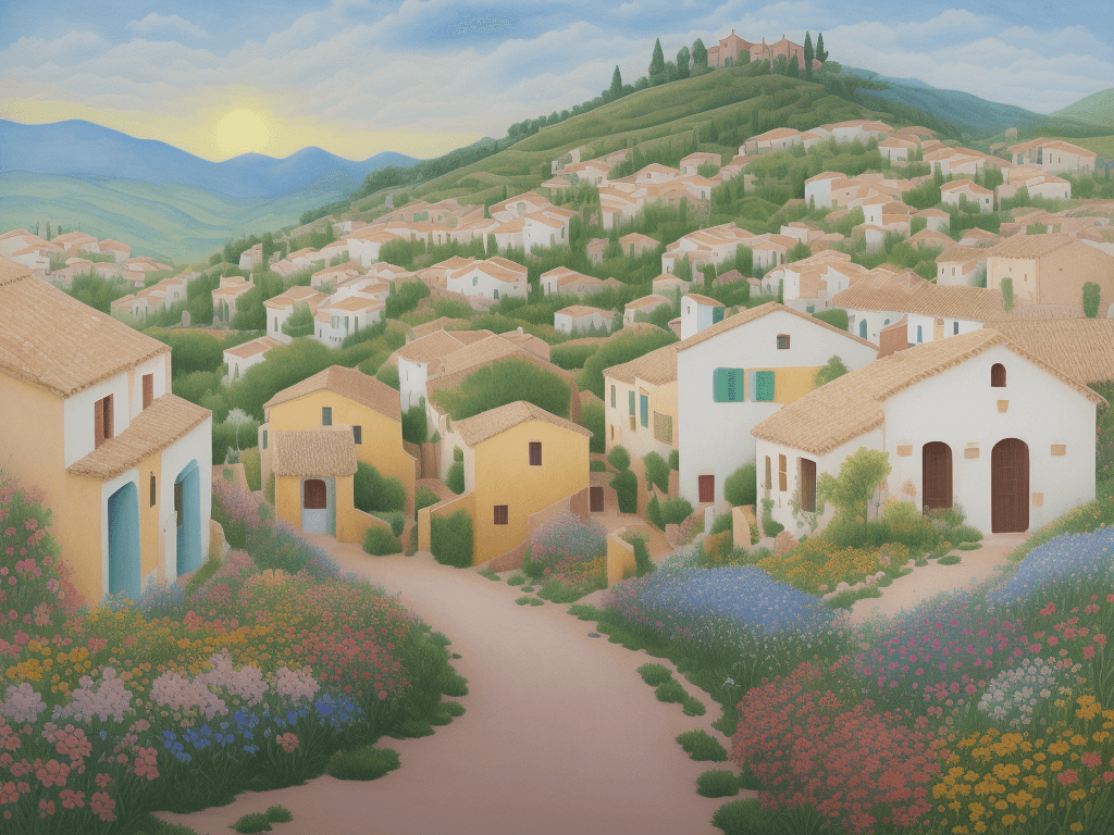 AI generated: Enchantingly beautiful summer landscape of a Spanish village with houses, flowers on the foreground,...
