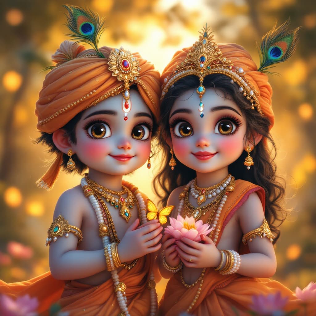AI generated: Two adorable, divine childlike characters resembling young Lord Krishna and Radha in a fantasy setti...