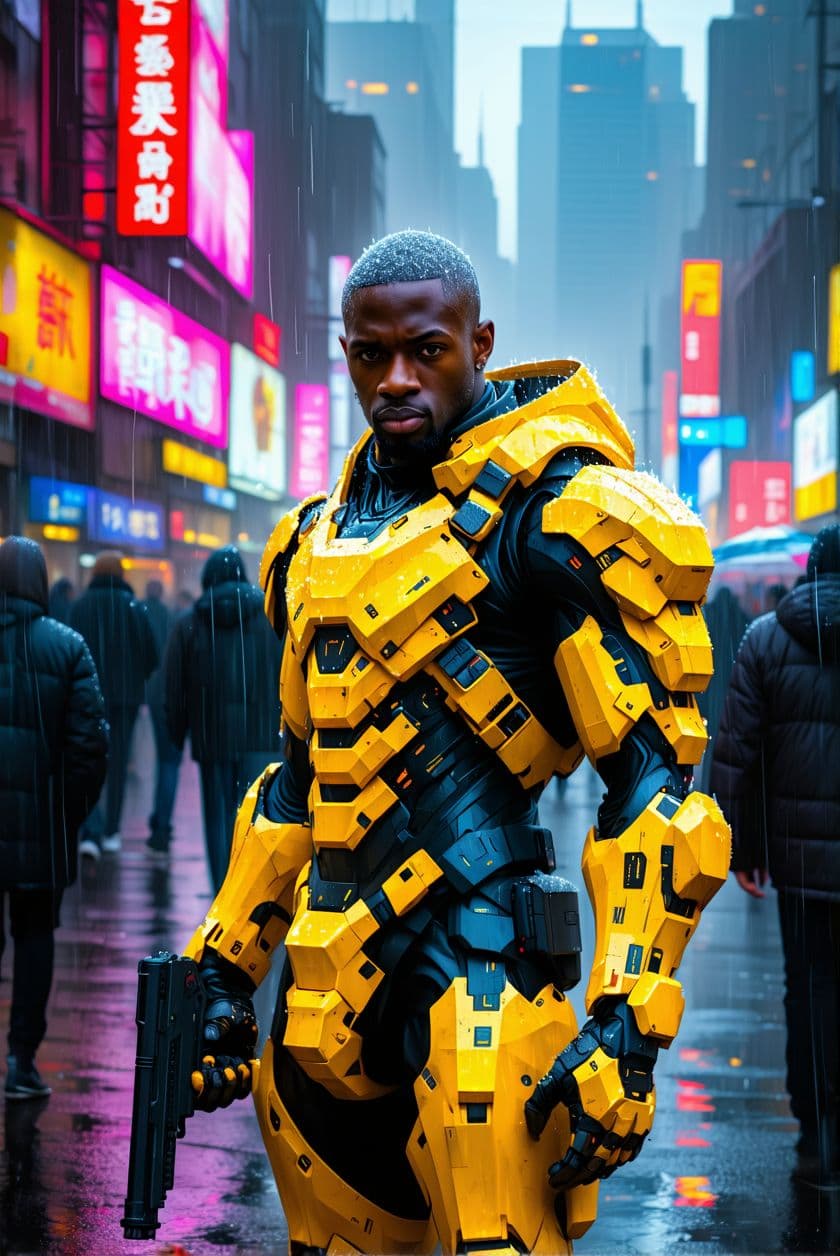 AI generated: A bald African American man in a futuristic yellow armored suit and holding a gun stands in a rainy ...