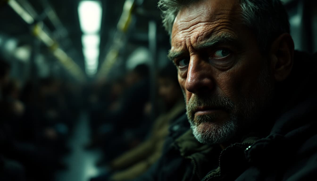 AI generated: "A close-up of a middle-aged man in a dark subway train, his face tense with unease. His hands grip ...