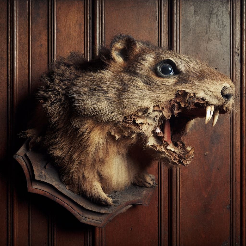 AI generated: detailed and intricate photograph of a bad taxidermy woodchuck, tattered, on a 1950's era wood panel...