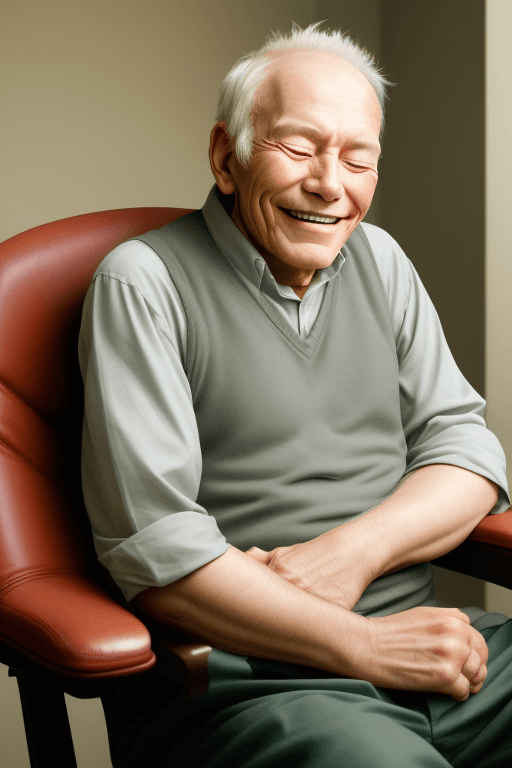 AI generated: oldman closed eyes smiling, sitting on a chair, complex stuff,  