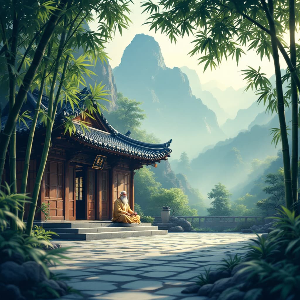AI generated: A serene Zen temple nestled in the mountains, featuring a wise, elderly Zen master meditating in the...