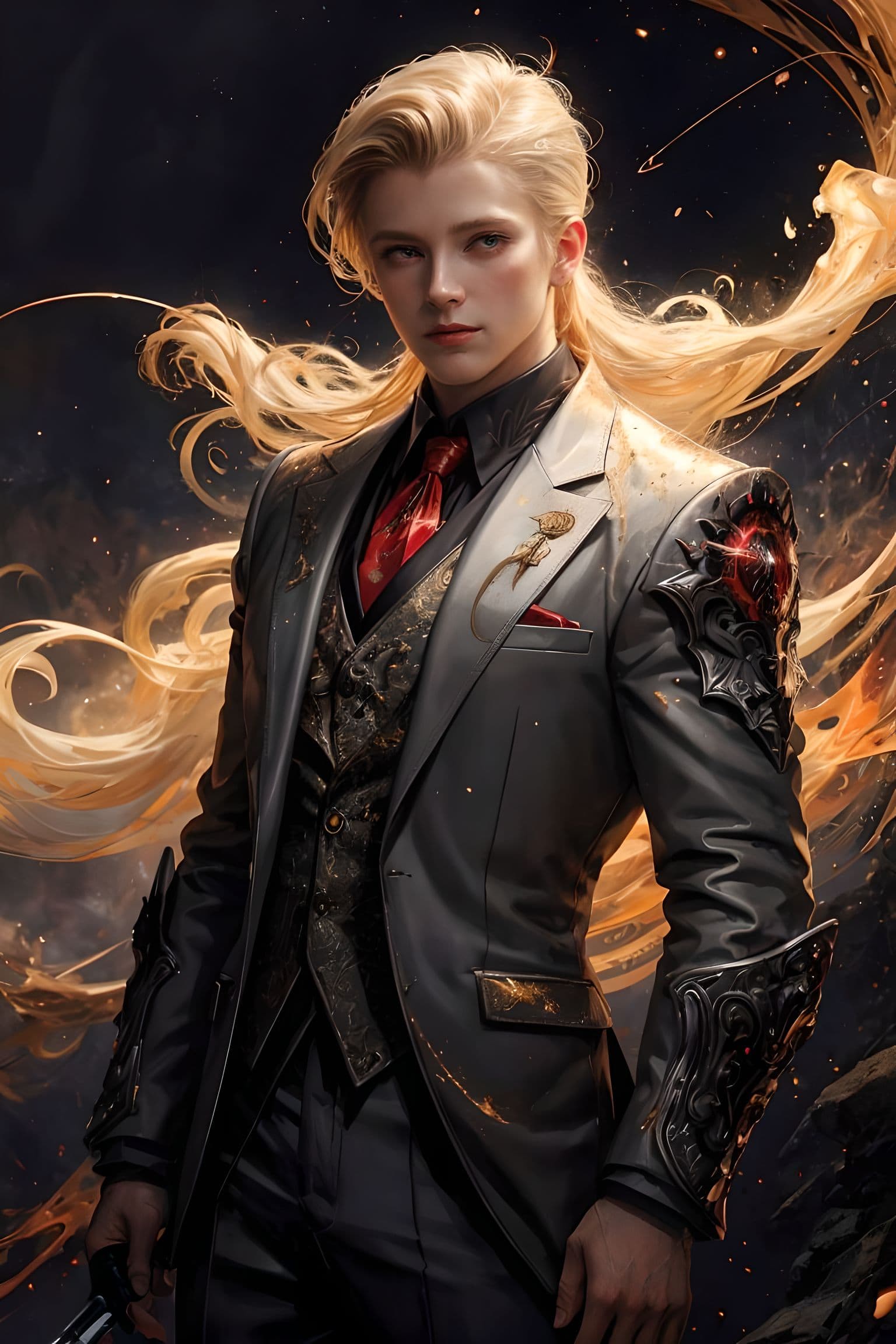 AI generated: (adult male:1), blonde eyes, dark blonde hair, slick back, (style-swirlmagic:0.8),  ((white and red)...