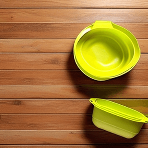 AI generated: tupperware bowls on wooden floor. Ray of sunshine.
