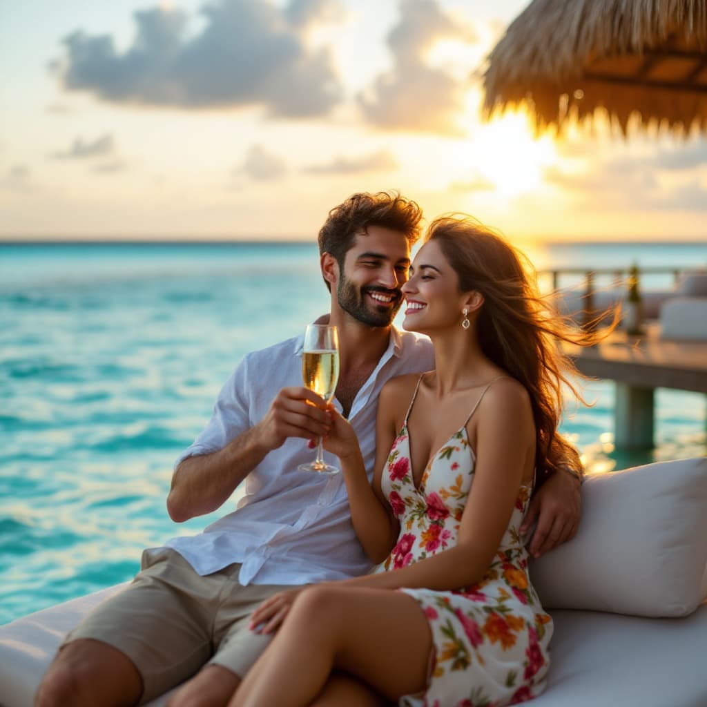 AI generated: A romantic photo of a young indian couple in their late 20s, lounging on a private overwater bungalo...