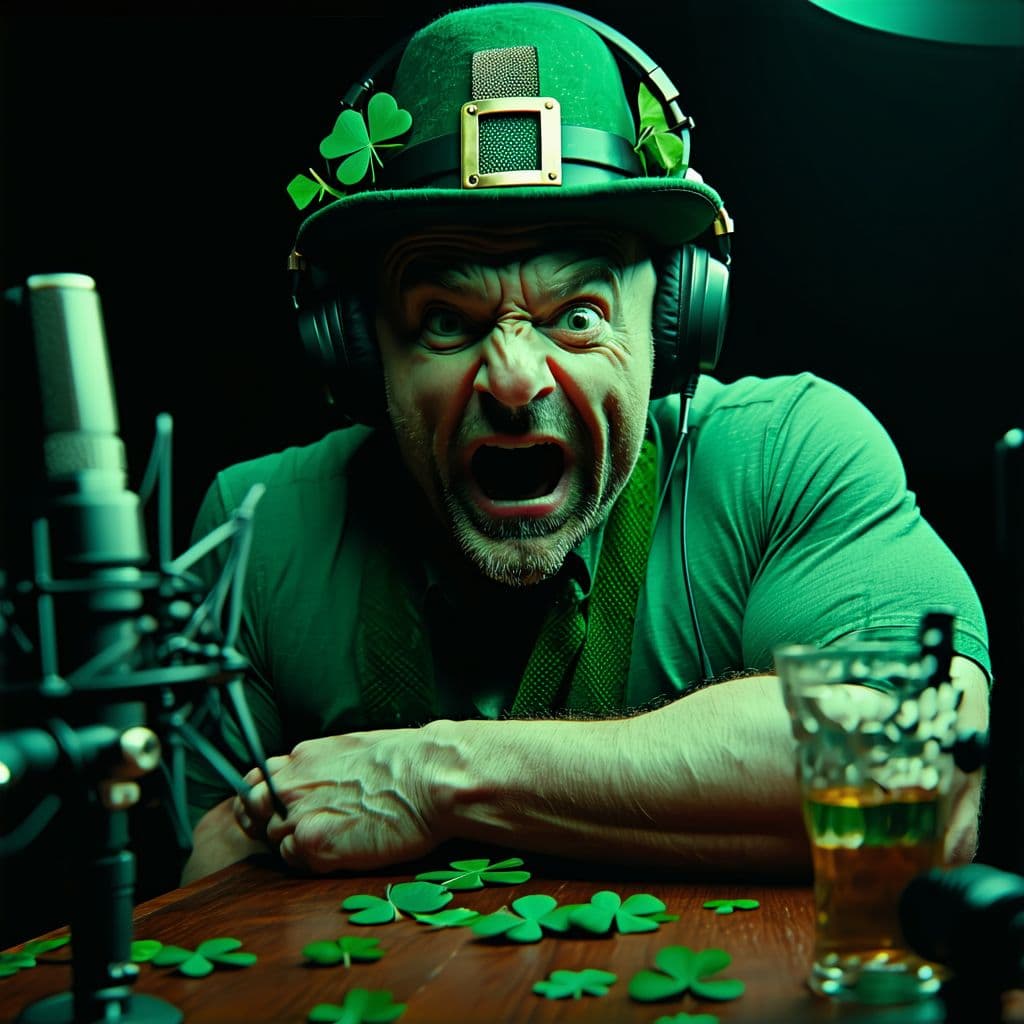 AI generated: Joe Rogan catches a leprechaun breaking onto his set during a podcast and chases after it in a panic...