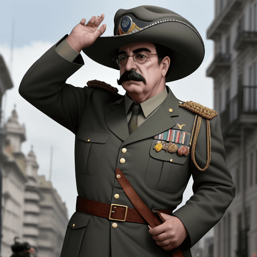 AI generated: tiranosaurio rex real con vestimenta militar, sombrero y bigotes como Leopoldo Rafael Videla, Dictad...