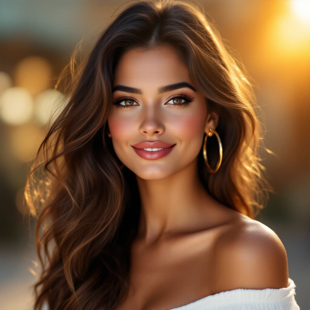 AI generated: Photorealistic portrait of a beautiful Latina woman in her late 20s, warm honey-brown eyes, full lip...