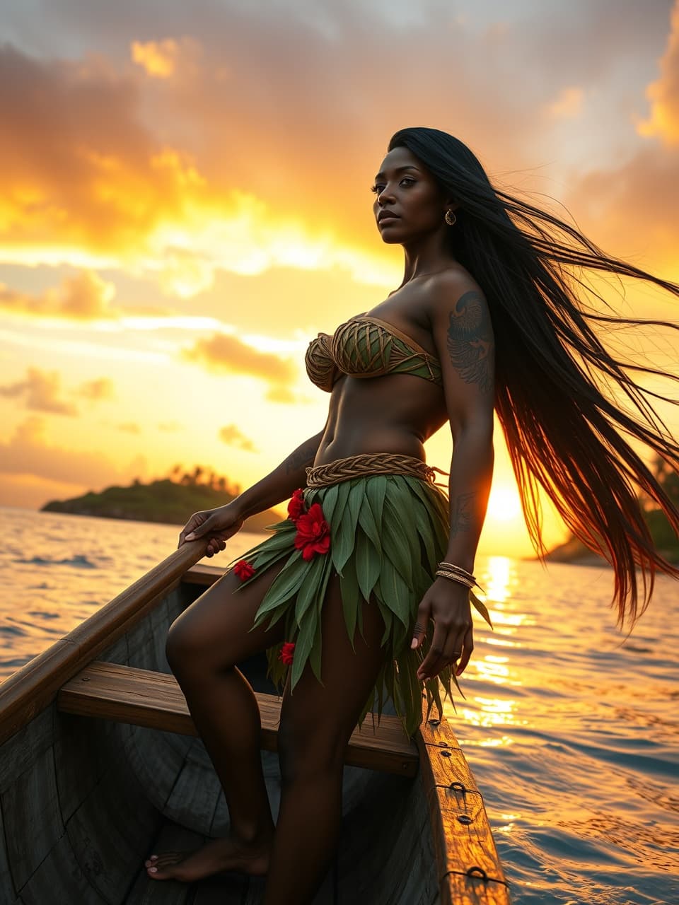 AI generated: In the background, the sun is setting over the ocean, casting a warm, golden glow on the water. The ...