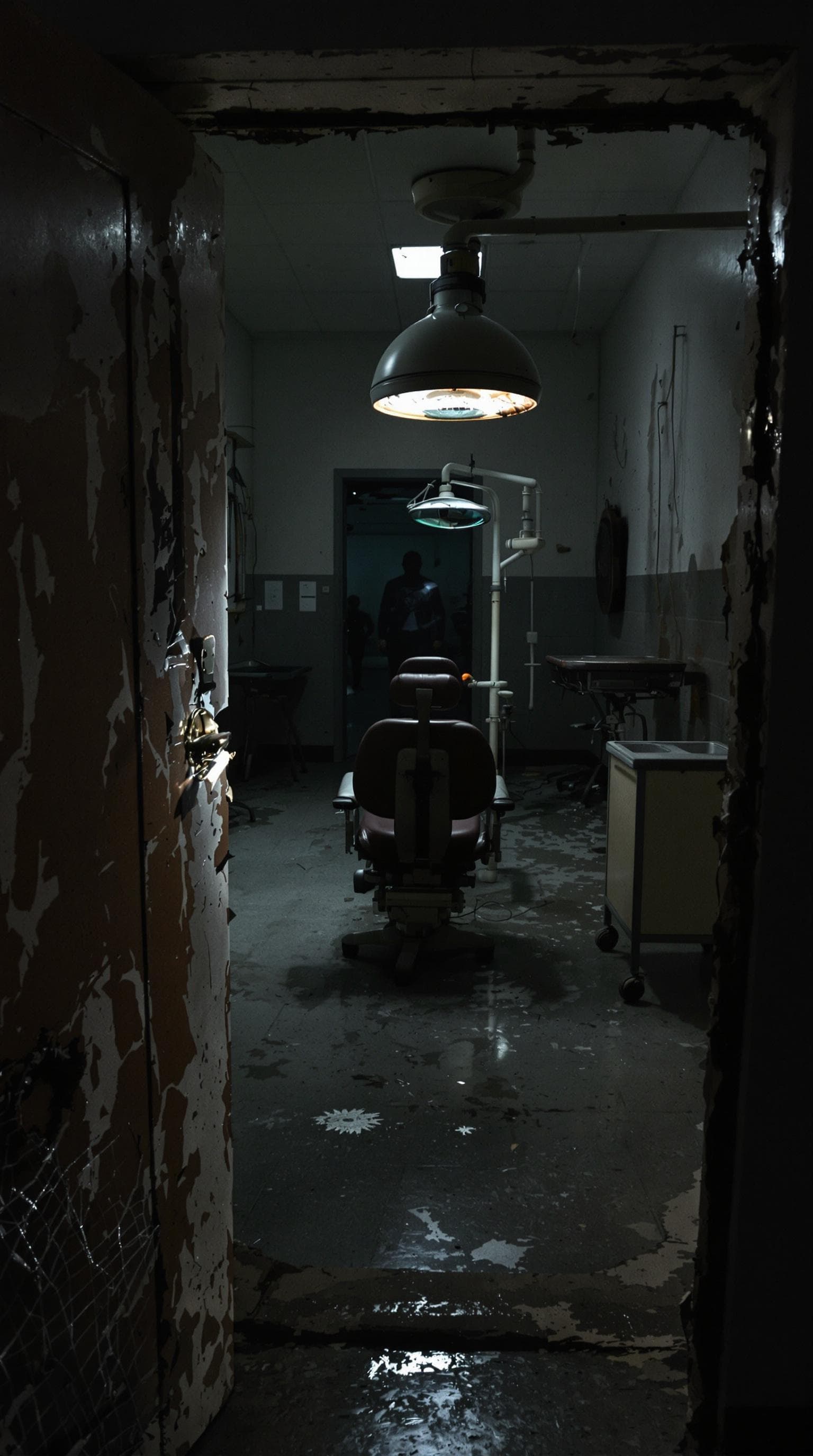 AI generated: "A hyper-realistic first-person perspective of a person cautiously stepping into a decayed medical t...