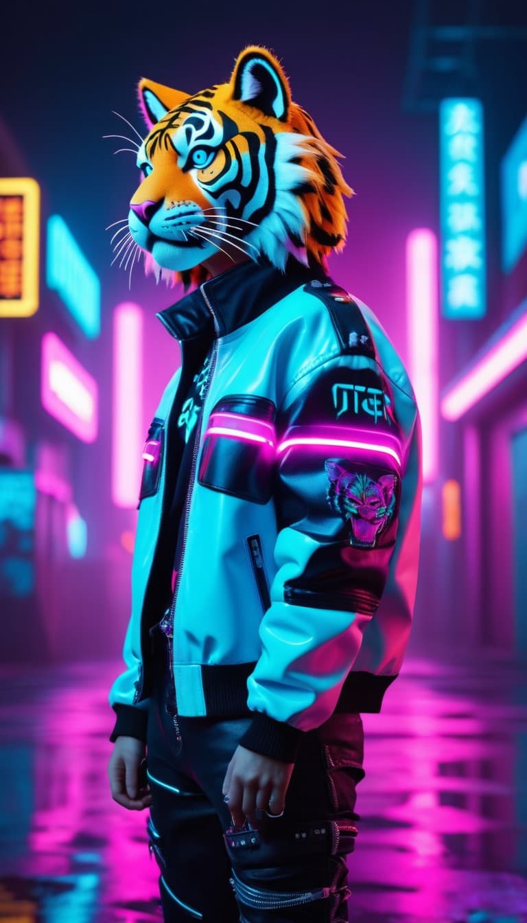 AI generated: Futuristic tiger wearing a punk jacket, coloful neon background lights