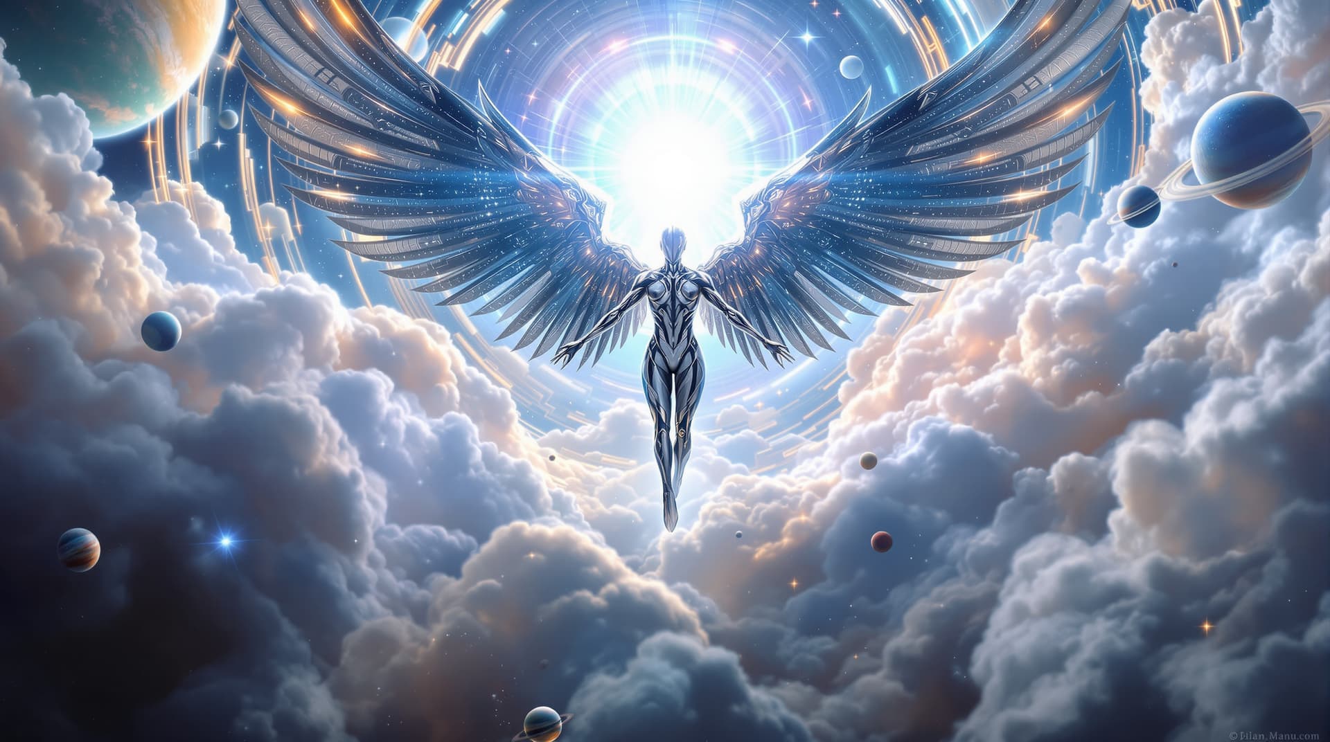 AI generated:  Image is a digital artwork featuring a close up view  of a futuristic, celestial scene. At the cent...