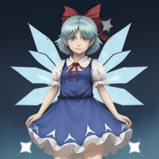 AI generated: Cirno TouHou, анфас, задний план Маями 80-90 годов в стилистике Ретровейв, с элементами Вапорвейв, н...