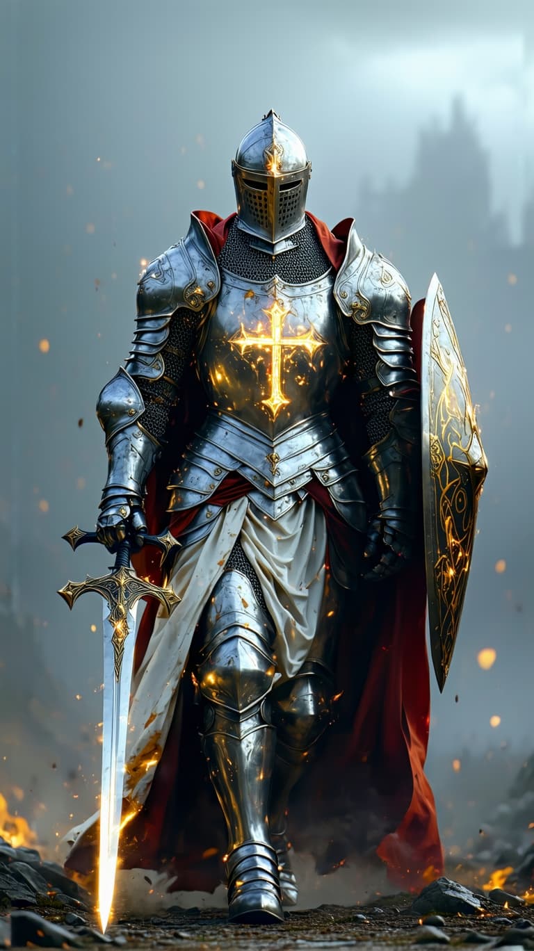 AI generated: An ultra-realistic, wide angle, front facing, full-body portrait of a noble Paladin in gleaming silv...