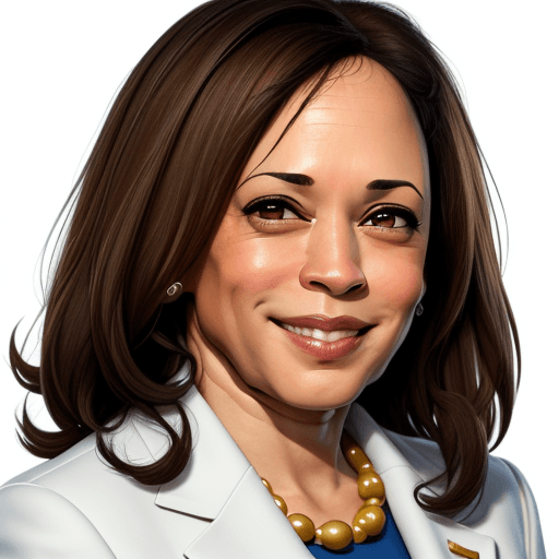AI generated: cartoon kamala harris headshot, looking into camera, white background, smiling, 4K, wearing a cream ...