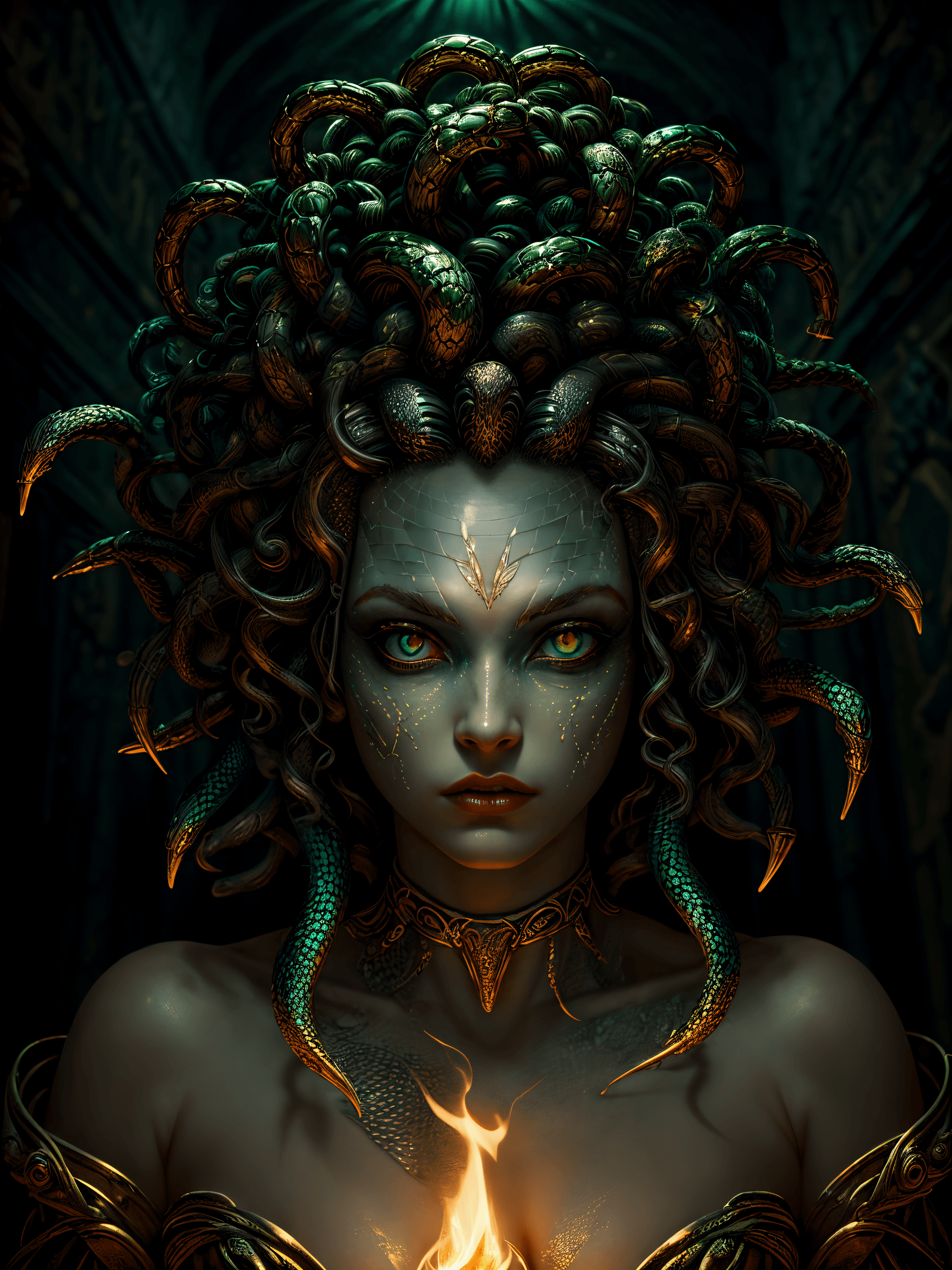 AI generated: (Masterpiece, Award winning, Highest Quality:1.2) , Modelshoot , Portrait of Medusa , (detailed scal...
