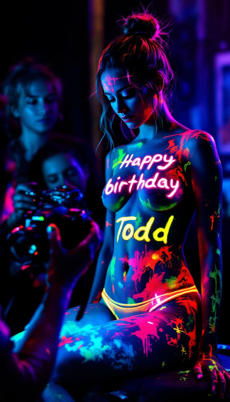 AI generated: A photorealistic scene of a woman in bright neon underwear being painted with bright neon body paint...