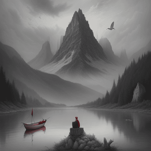 AI generated: 1 person in red is sitting in a boat on the river, the river is beside a mountain, there is a tower ...