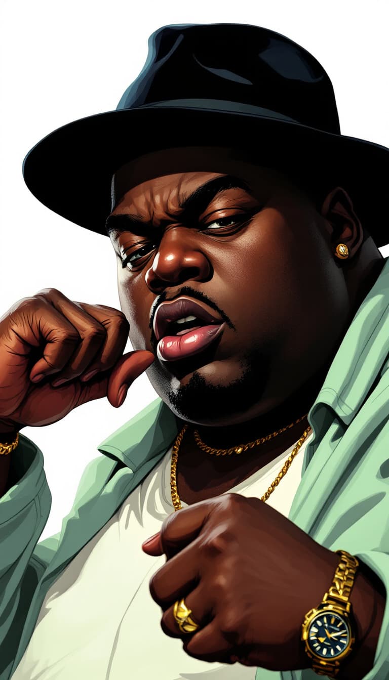 AI generated: biggie smalls, notorious big, rapping pop art anime comic illustration