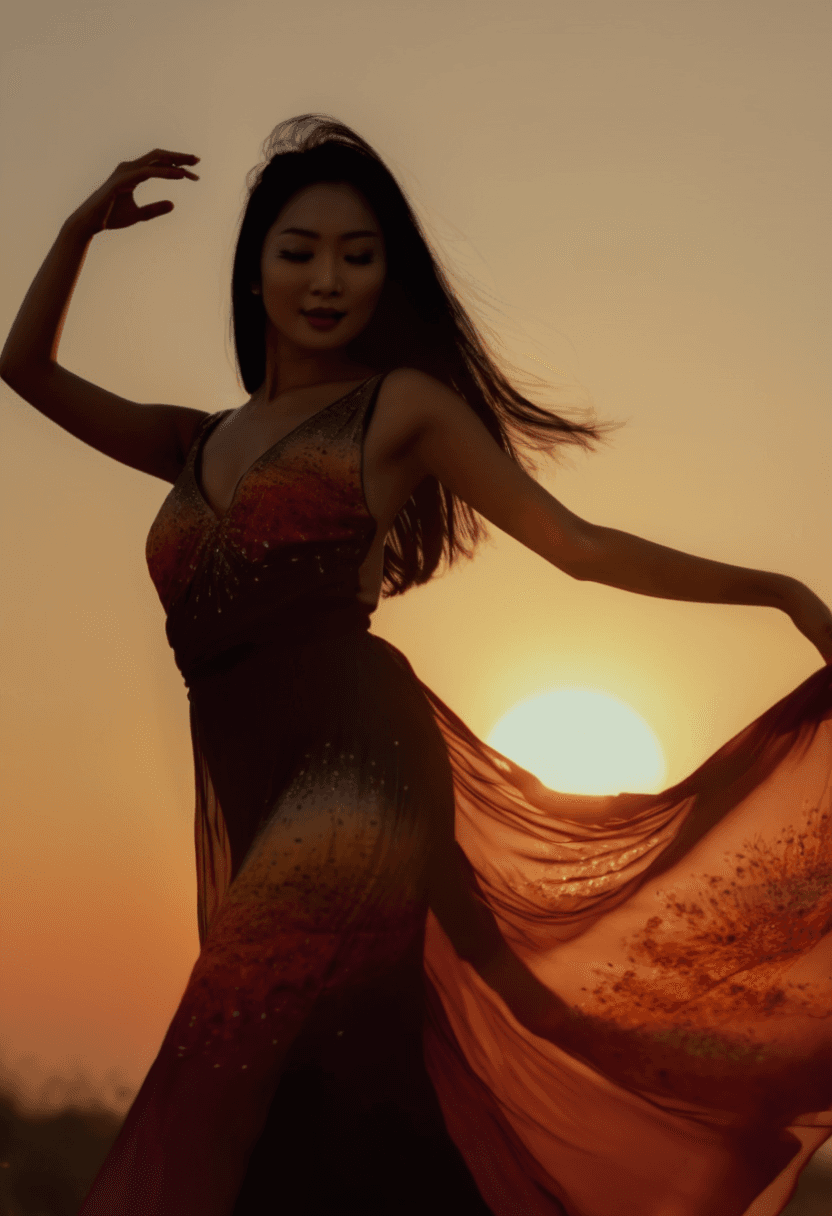 AI generated: silhouette photograph of an Asian woman with long sleek black hair, dark perfect eyes, sun shining b...