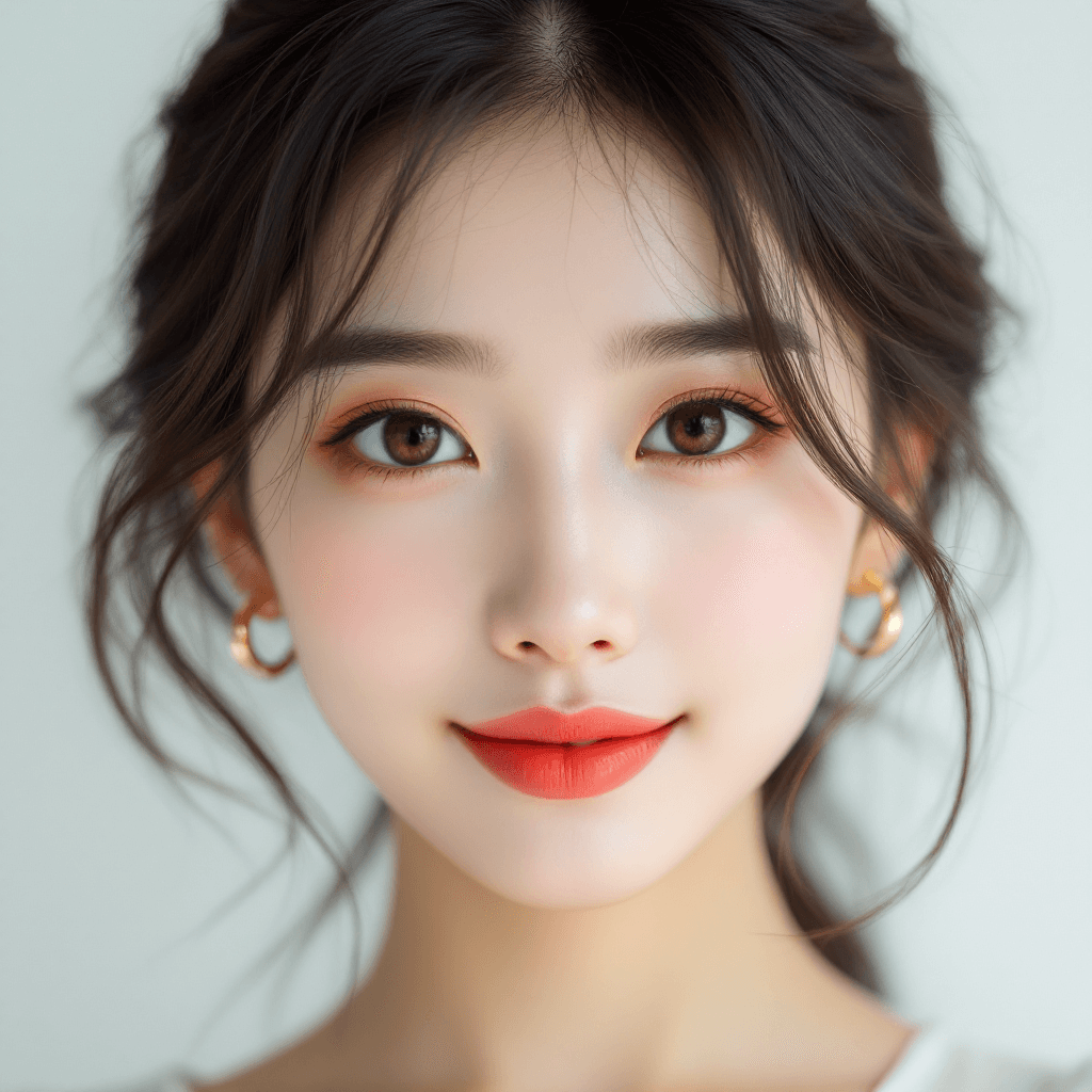 AI generated: A detailed portrait of a Korean woman with a delicate heart-shaped face and a soft jawline. She has ...