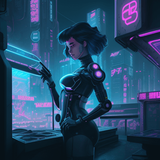 AI generated: girl of the future using a food vendor machine, futuristic design, electronic artwork, manga charact...