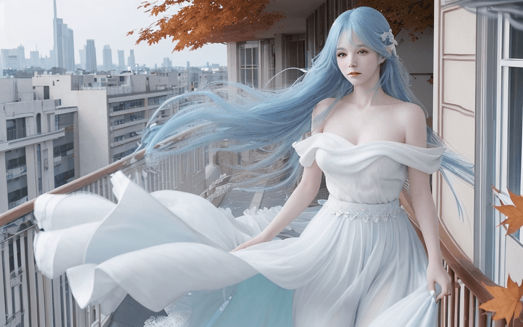 AI generated: A woman with long, flowing blue hair 
stands on a balcony overlooking a cityscape, 
with autumn leav...