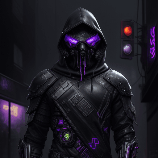 AI generated: cyberpunk, masked man, dark   torn hood, Purple accents, dark and rainy foggy night, intricate dark ...