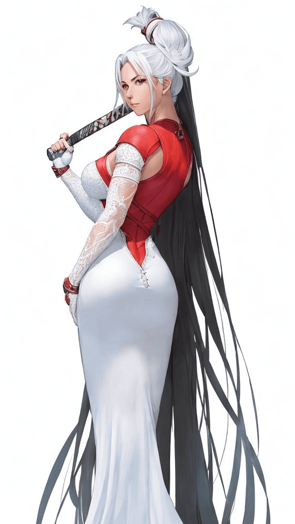 AI generated: a woman in a white dress holding a baseball bat, tifa lockhart with white hair, by Kentaro Miura, by...