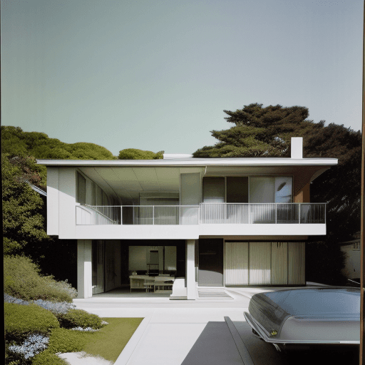 AI generated: Hyper realistic eye level exterior photo of a mid century modern style house overlooking the ocean, ...