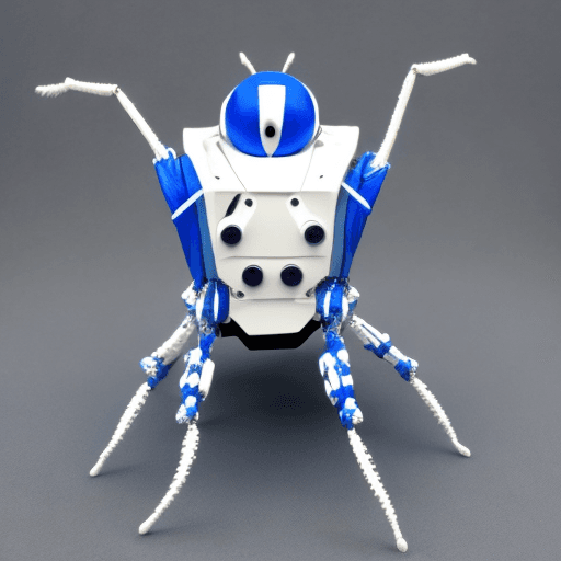 AI generated: arachnid robot, top head, blue & white color, long legs